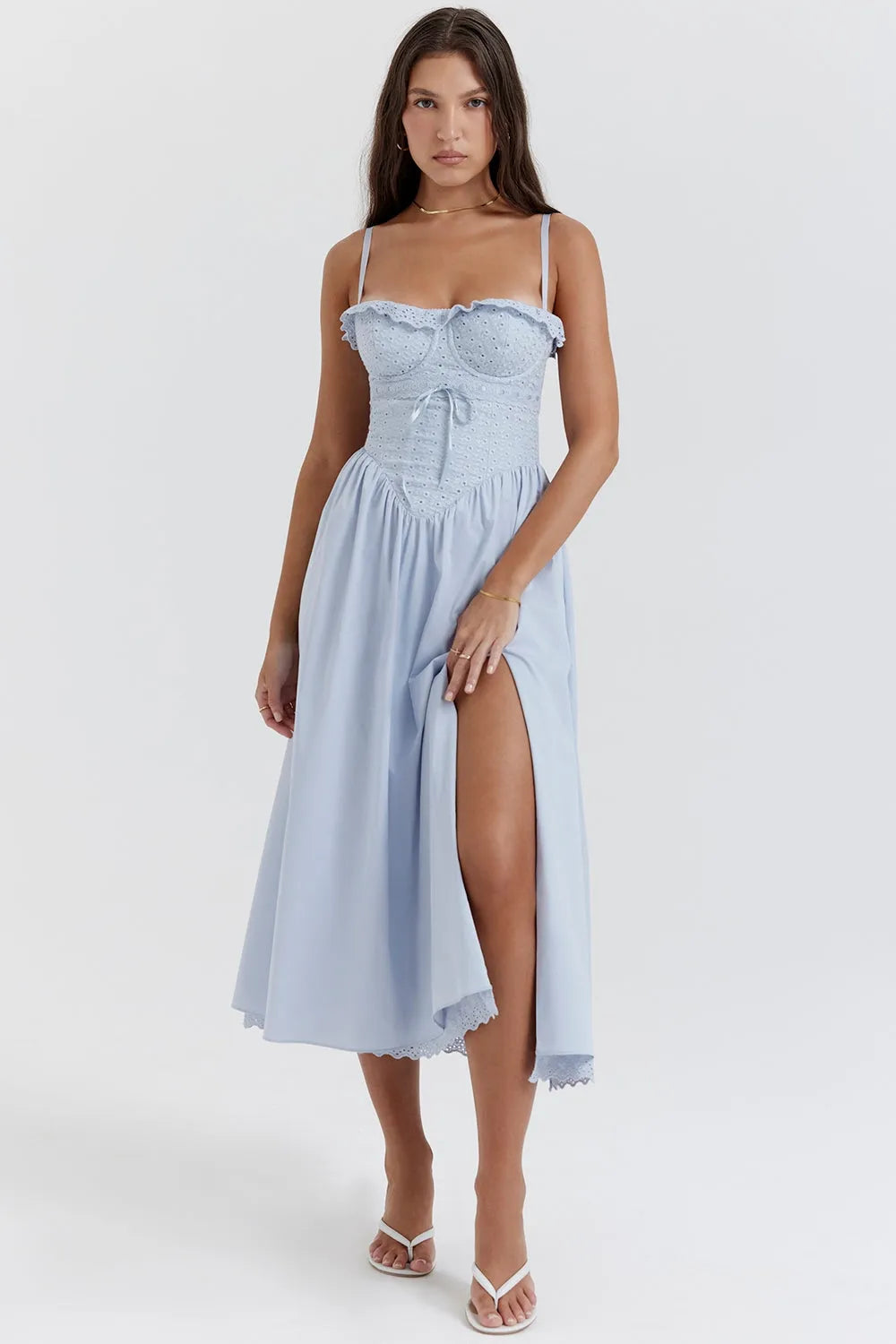 Elegant Sky Blue Embroidered Midi Dress - Emily Model
