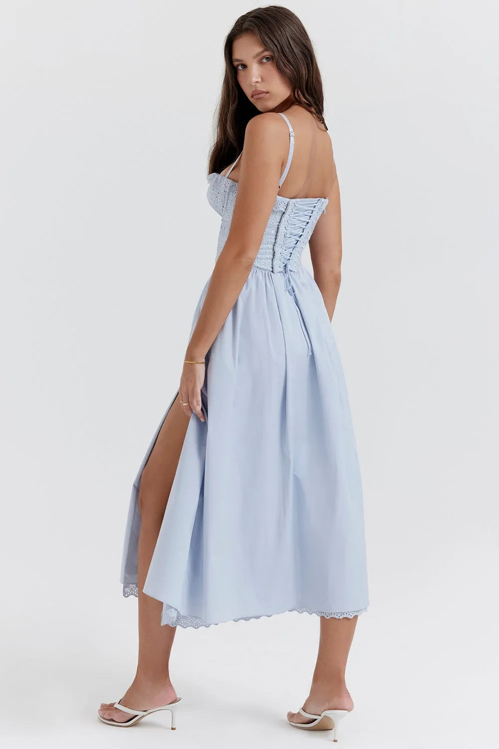 Elegant Sky Blue Embroidered Midi Dress - Emily Model