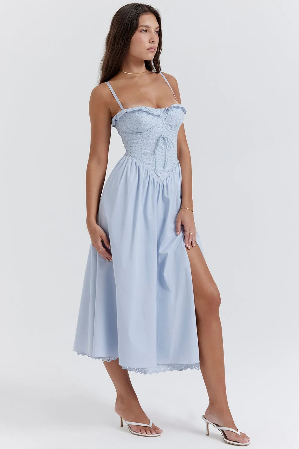 Elegant Sky Blue Embroidered Midi Dress - Emily Model
