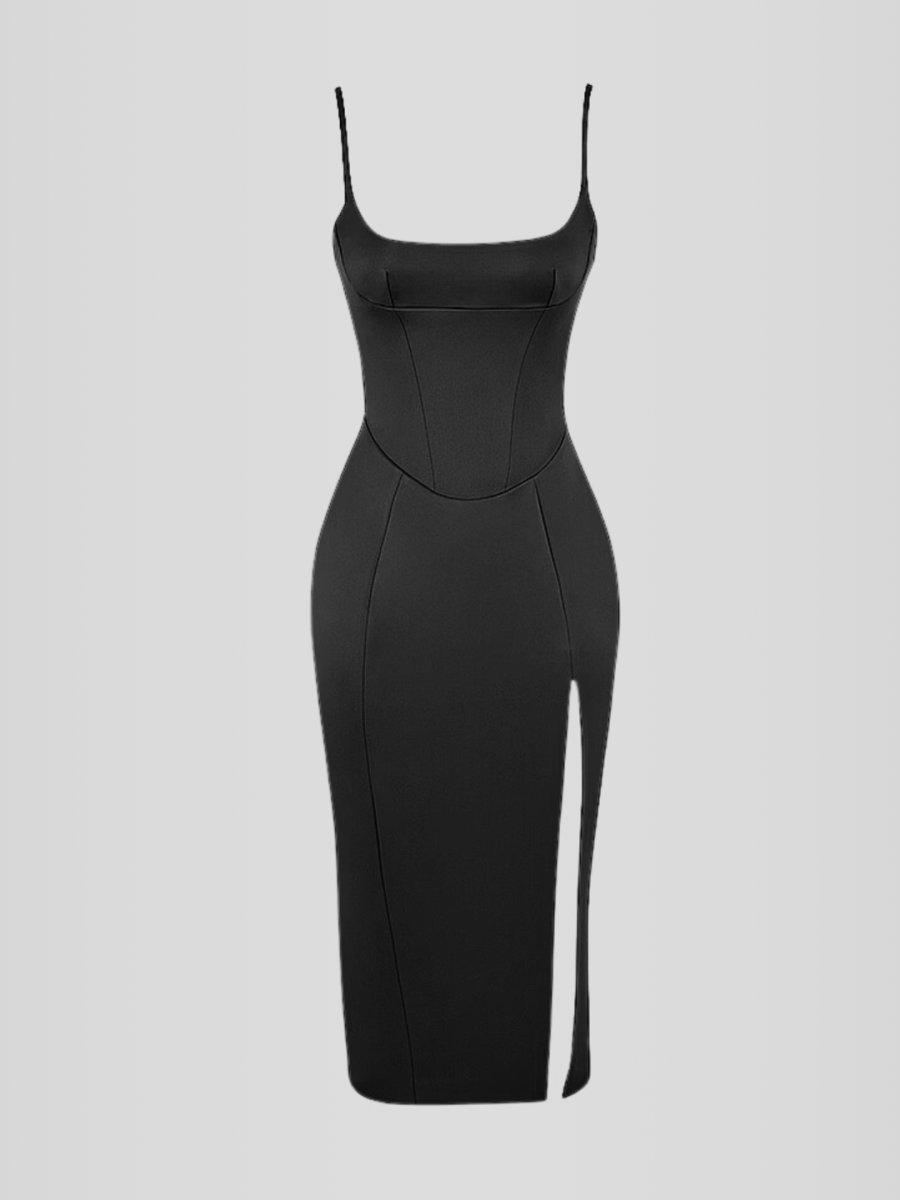 Black Satin Midi Dress - Lindsey