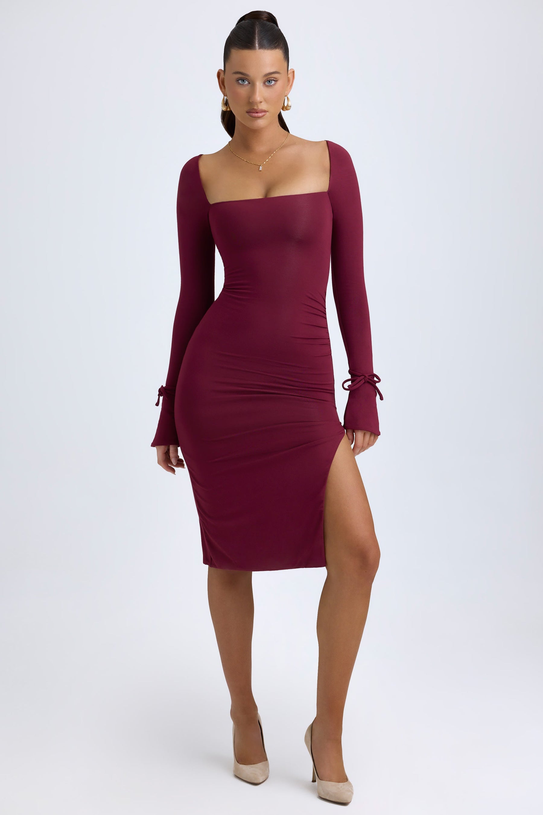 Wine Midi Dress with Square V-Neck