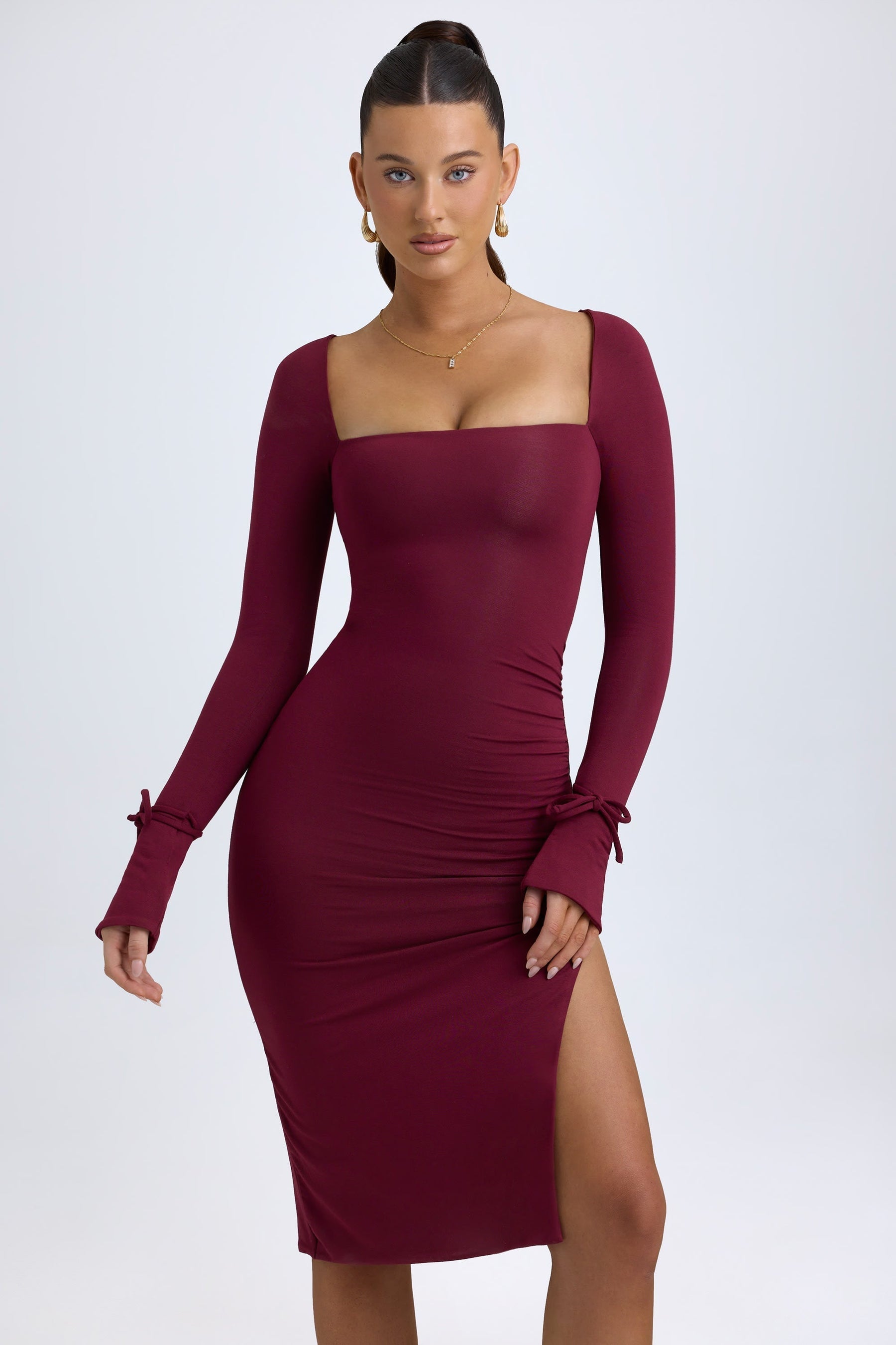 Wine Midi Dress with Square V-Neck