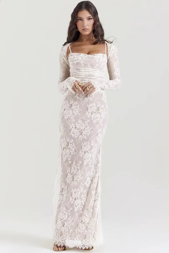 Long white lace dress with corset – Elegance for civil wedding or gala