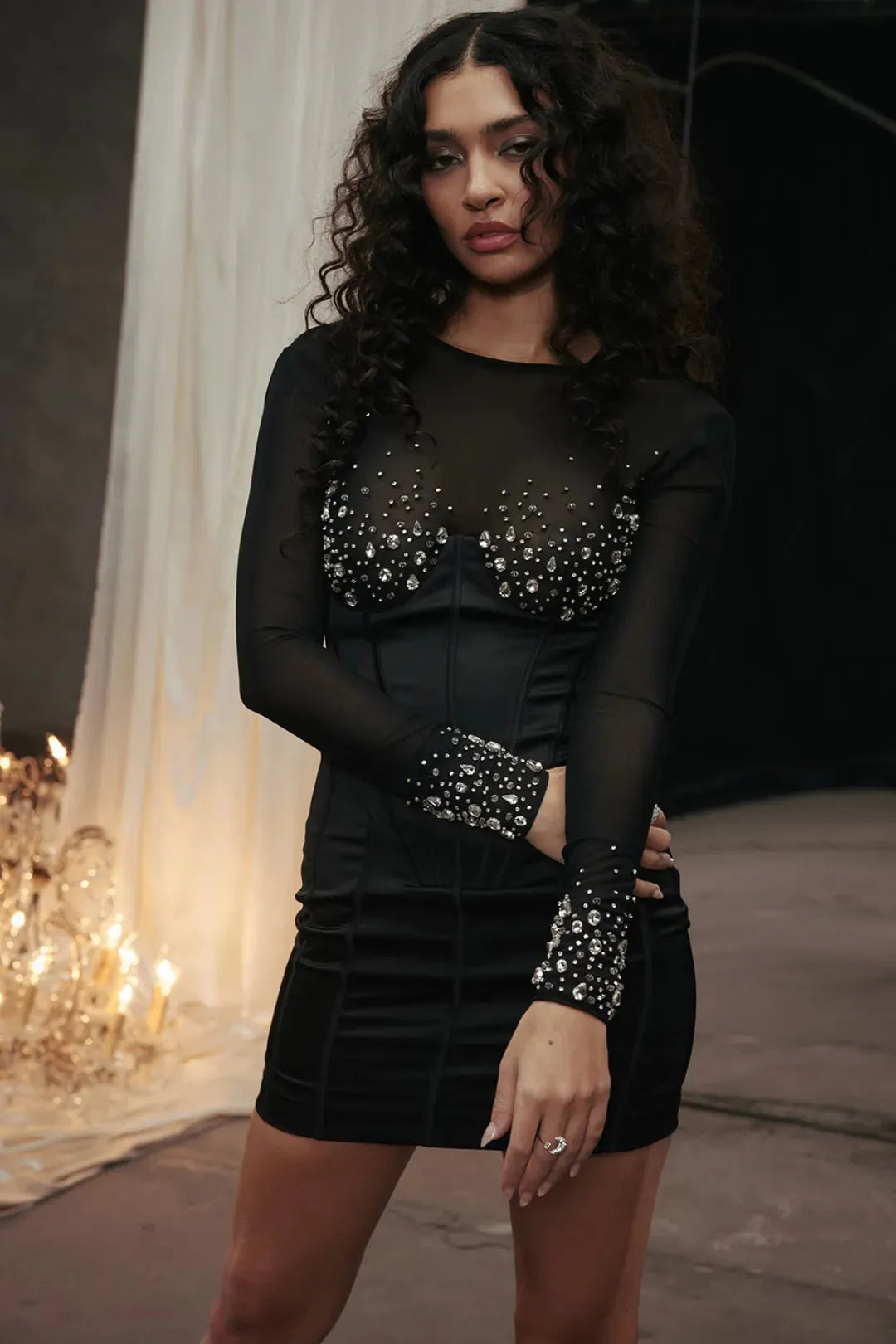 Short Black Shaping Dress with Reflective Crystals - Anastasia Model