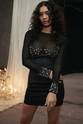 Short Black Shaping Dress with Reflective Crystals - Anastasia Model