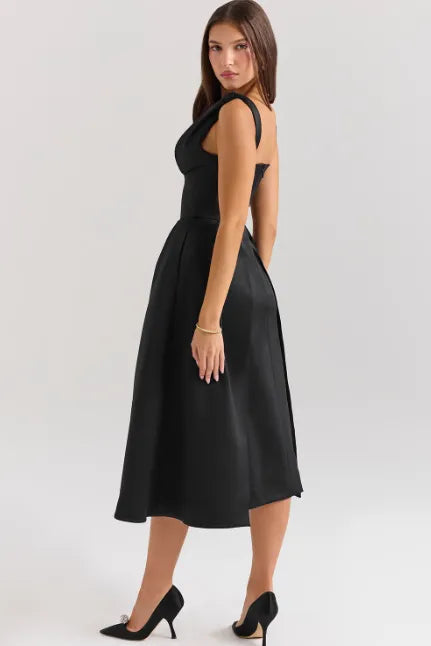 Peach Satin Pleated Midi Dress