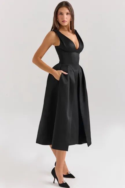 Peach Satin Pleated Midi Dress