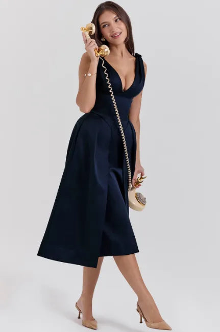 Peach Satin Pleated Midi Dress
