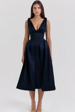Peach Satin Pleated Midi Dress