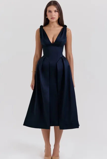Peach Satin Pleated Midi Dress