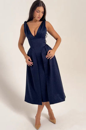 Peach Satin Pleated Midi Dress