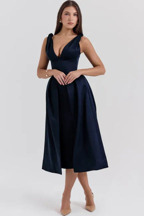 Peach Satin Pleated Midi Dress