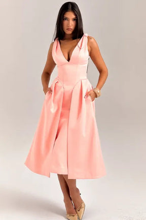 Peach Satin Pleated Midi Dress