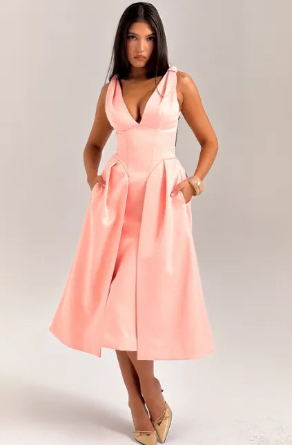 Peach Satin Pleated Midi Dress