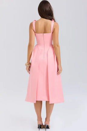 Peach Satin Pleated Midi Dress