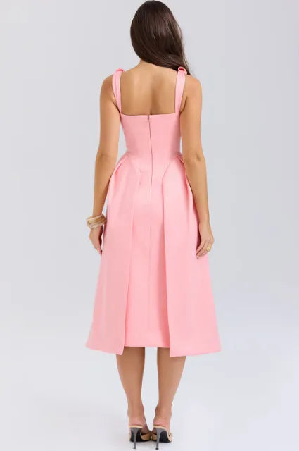 Peach Satin Pleated Midi Dress