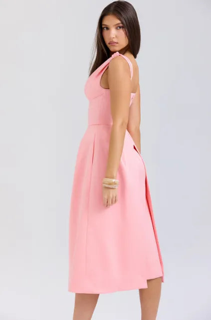 Peach Satin Pleated Midi Dress