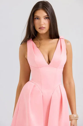 Peach Satin Pleated Midi Dress