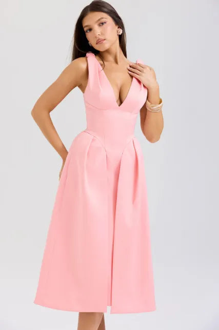 Peach Satin Pleated Midi Dress