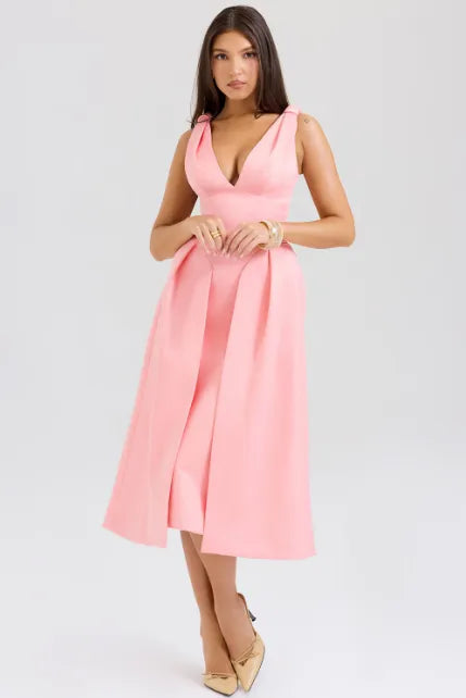 Peach Satin Pleated Midi Dress
