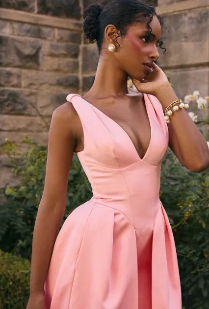 Peach Satin Pleated Midi Dress