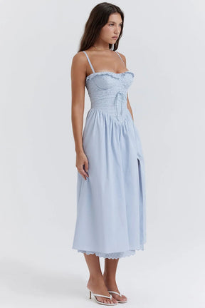 Elegant Sky Blue Embroidered Midi Dress - Emily Model