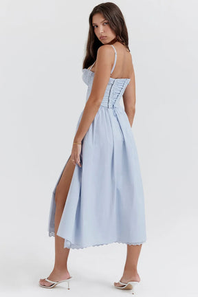 Elegant Sky Blue Embroidered Midi Dress - Emily Model