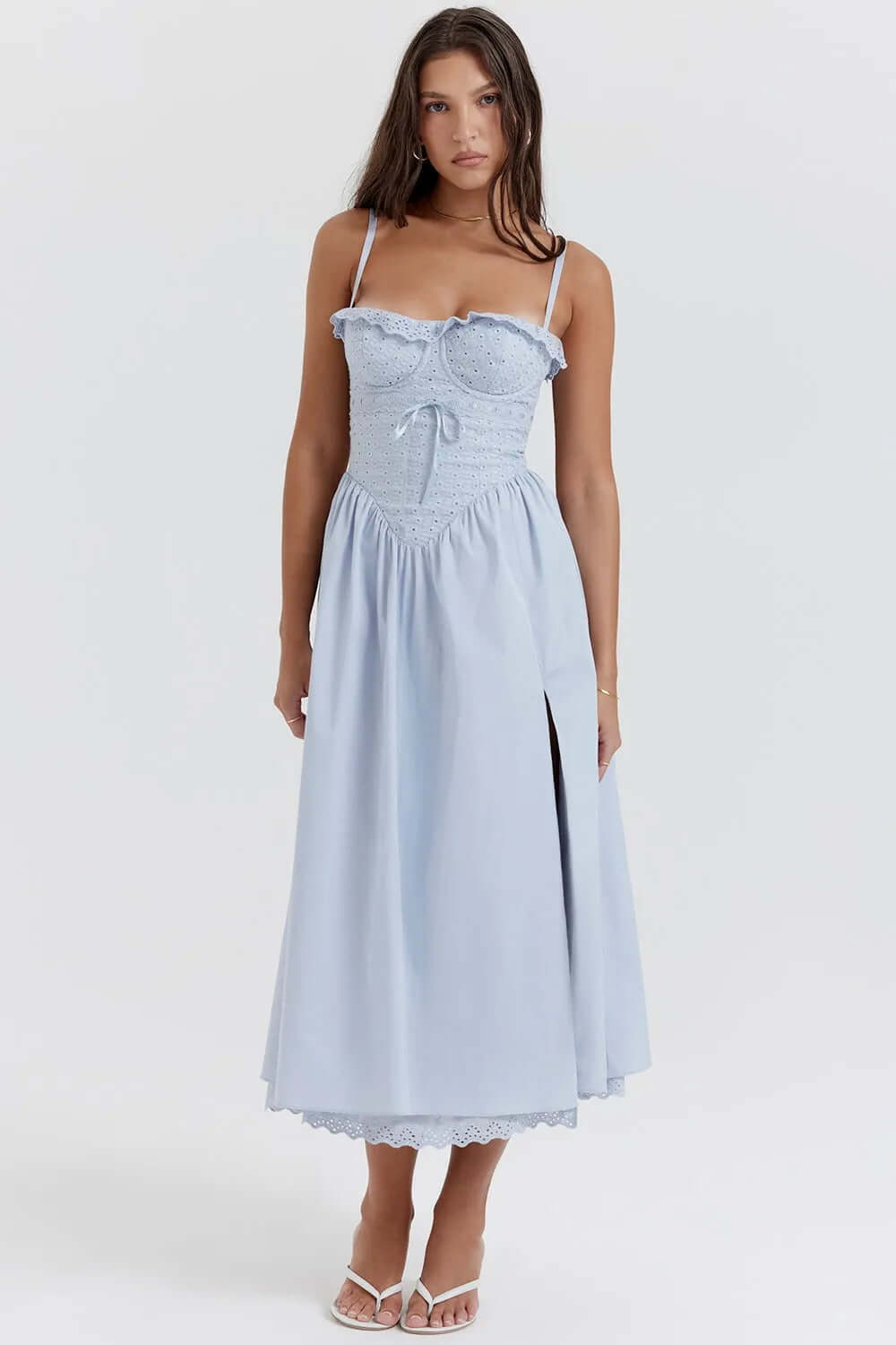 Elegant Sky Blue Embroidered Midi Dress - Emily Model