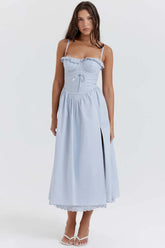 Elegant Sky Blue Embroidered Midi Dress - Emily Model