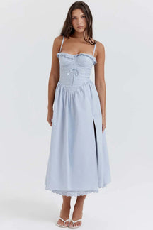 Elegant Sky Blue Embroidered Midi Dress - Emily Model