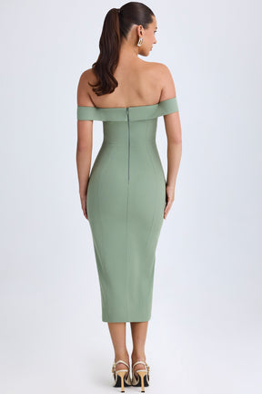 Khaki Green Off-Shoulder Midi Dress