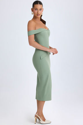Khaki Green Off-Shoulder Midi Dress