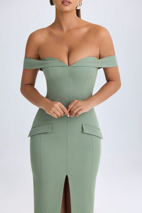 Khaki Green Off-Shoulder Midi Dress