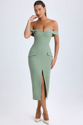 Khaki Green Off-Shoulder Midi Dress