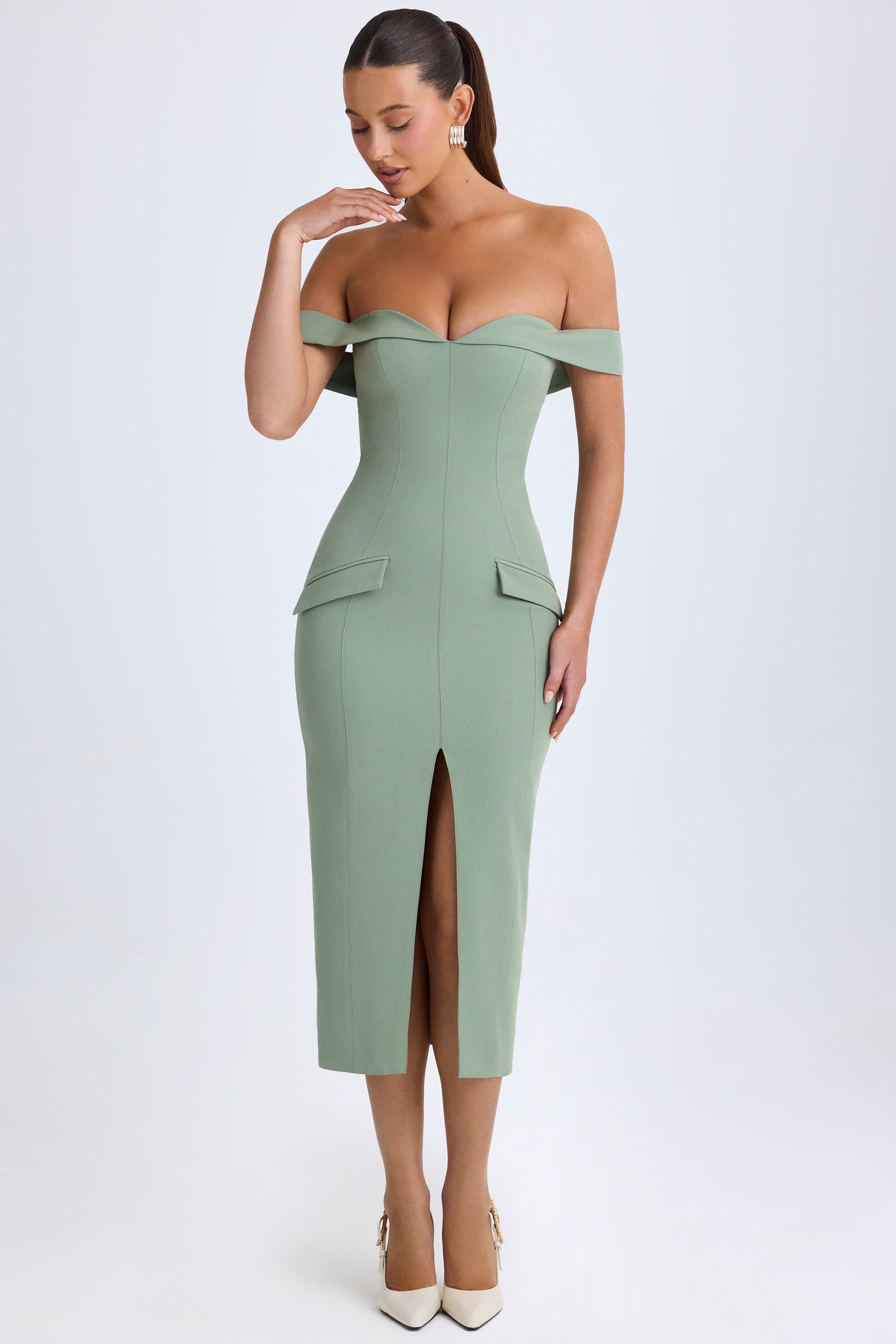Khaki Green Off-Shoulder Midi Dress