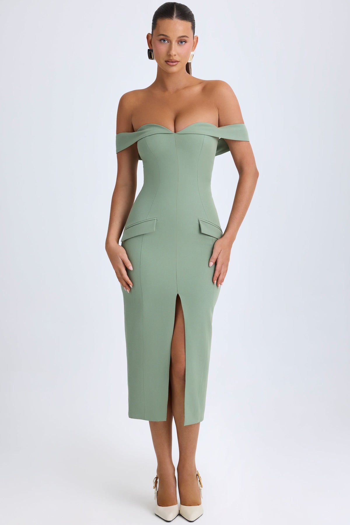 Khaki Green Off-Shoulder Midi Dress