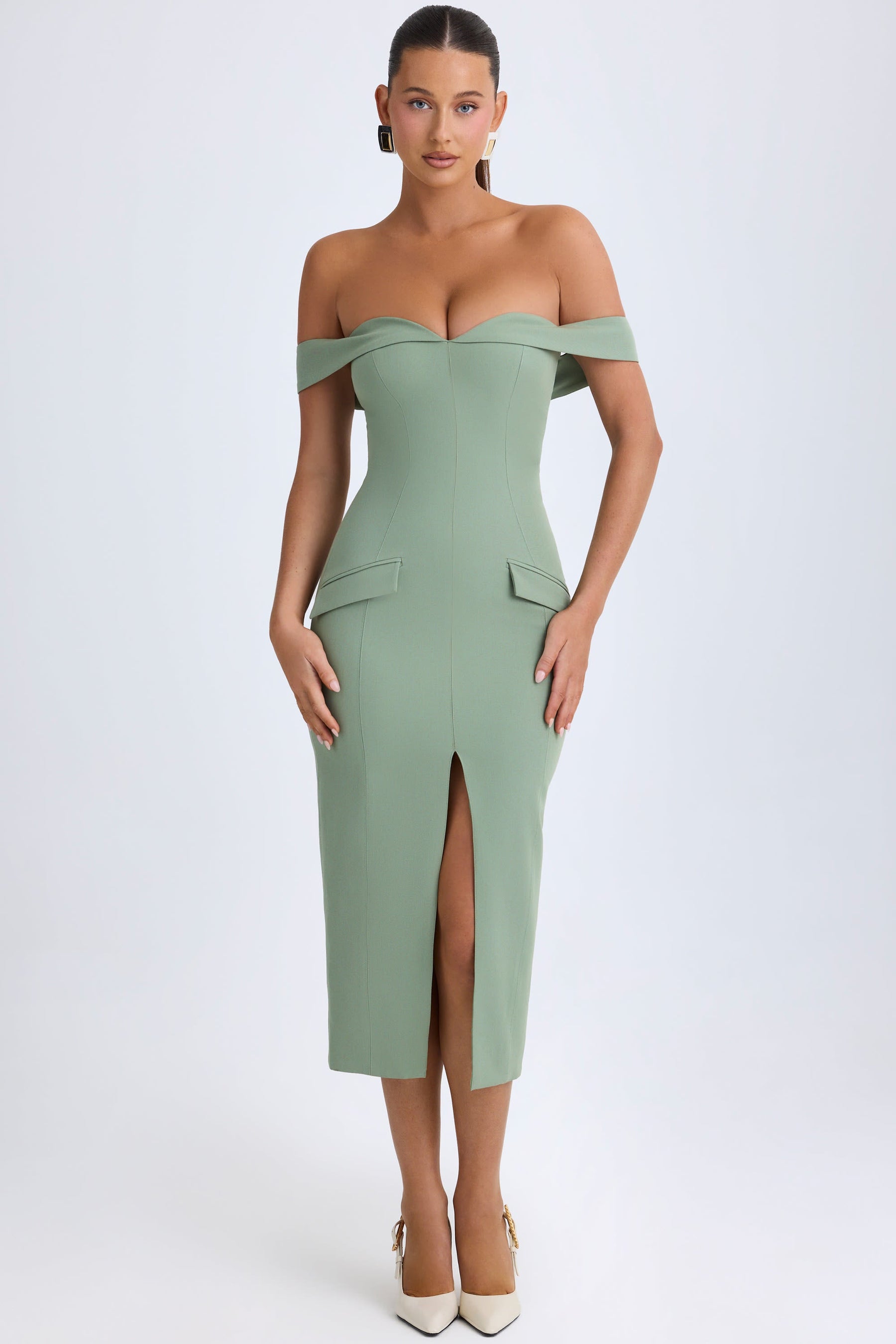 Khaki Green Off-Shoulder Midi Dress