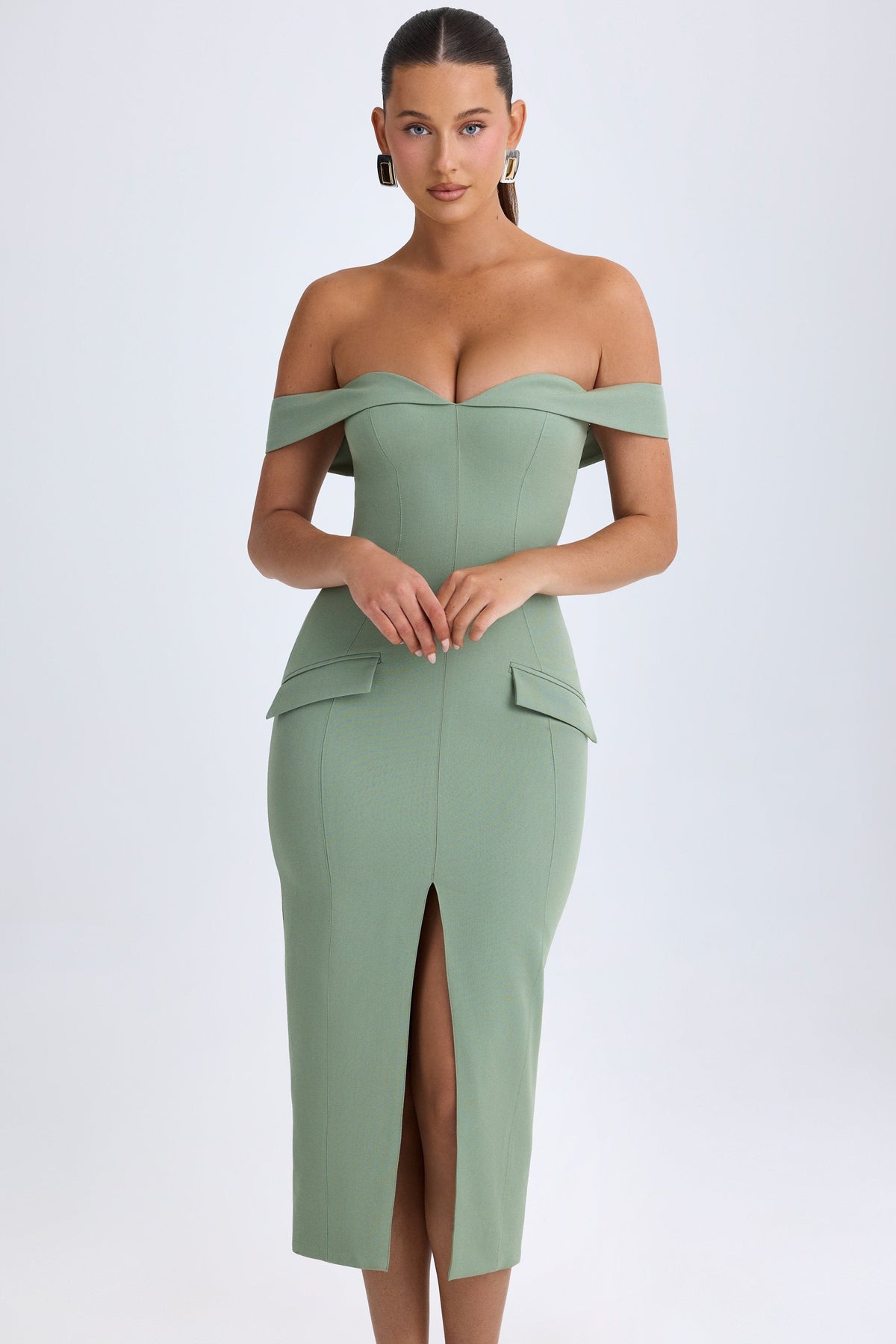 Khaki Green Off-Shoulder Midi Dress