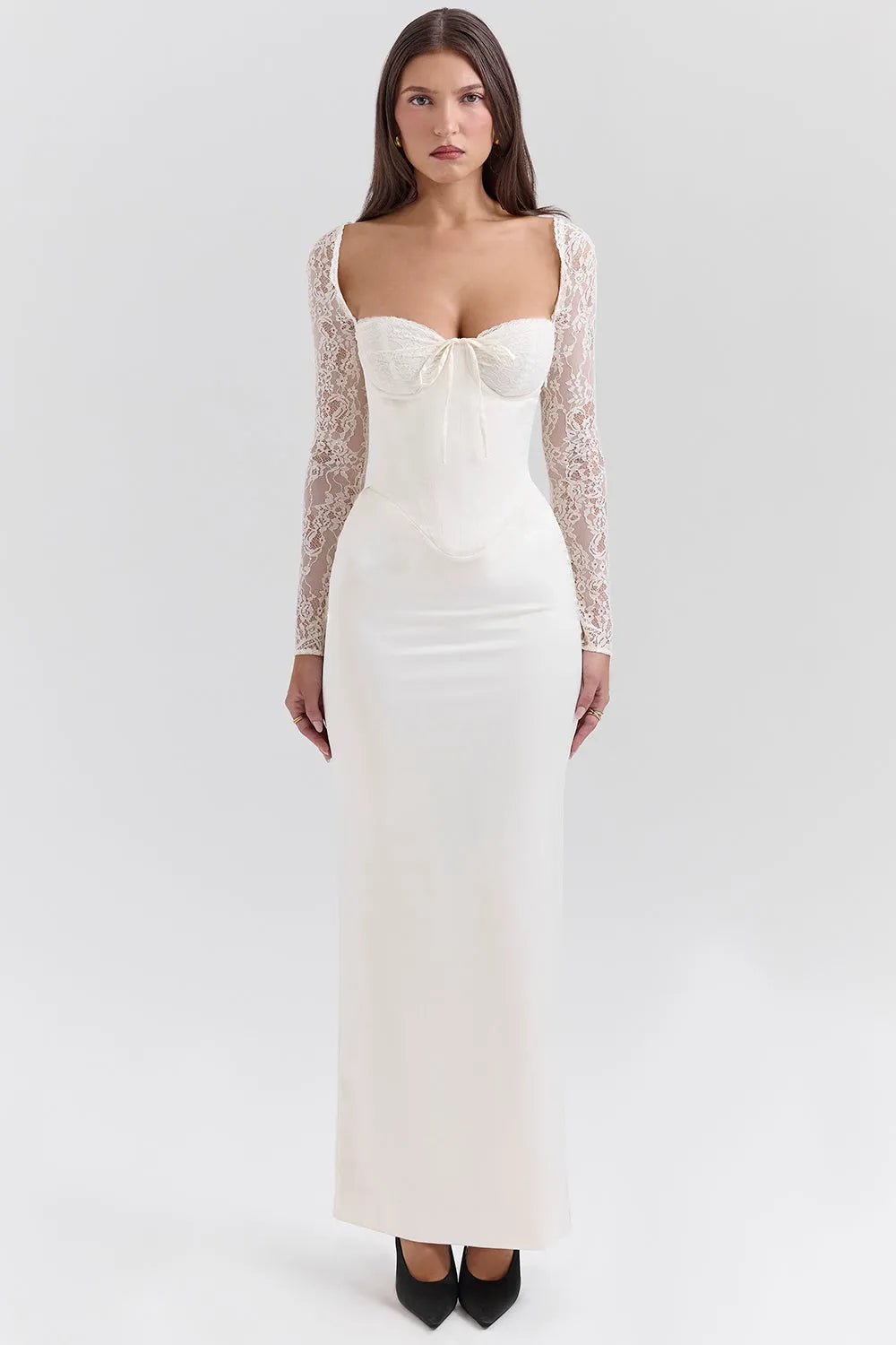 Long White Satin Dress with Lace – Second Bridal Dress