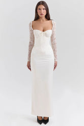Long White Satin Dress with Lace – Second Bridal Dress
