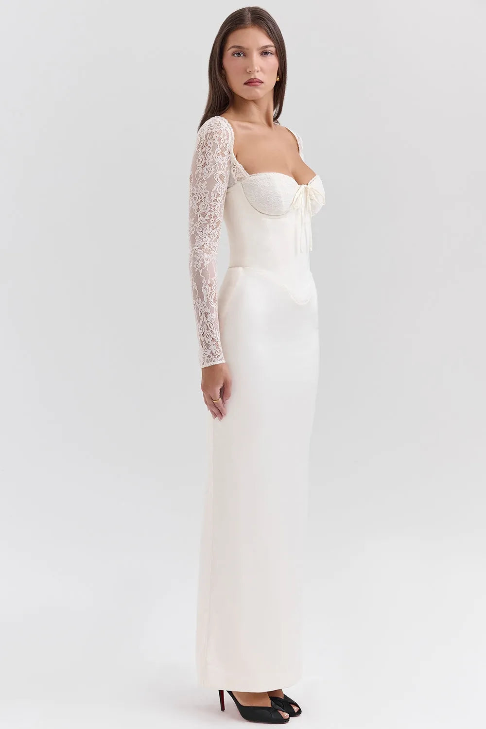 Long White Satin Dress with Lace – Second Bridal Dress