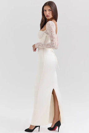 Long White Satin Dress with Lace – Second Bridal Dress