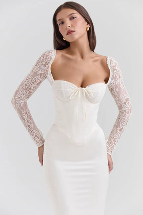 Long White Satin Dress with Lace – Second Bridal Dress
