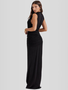 Yara Black Long Dress - Deep V-Neck