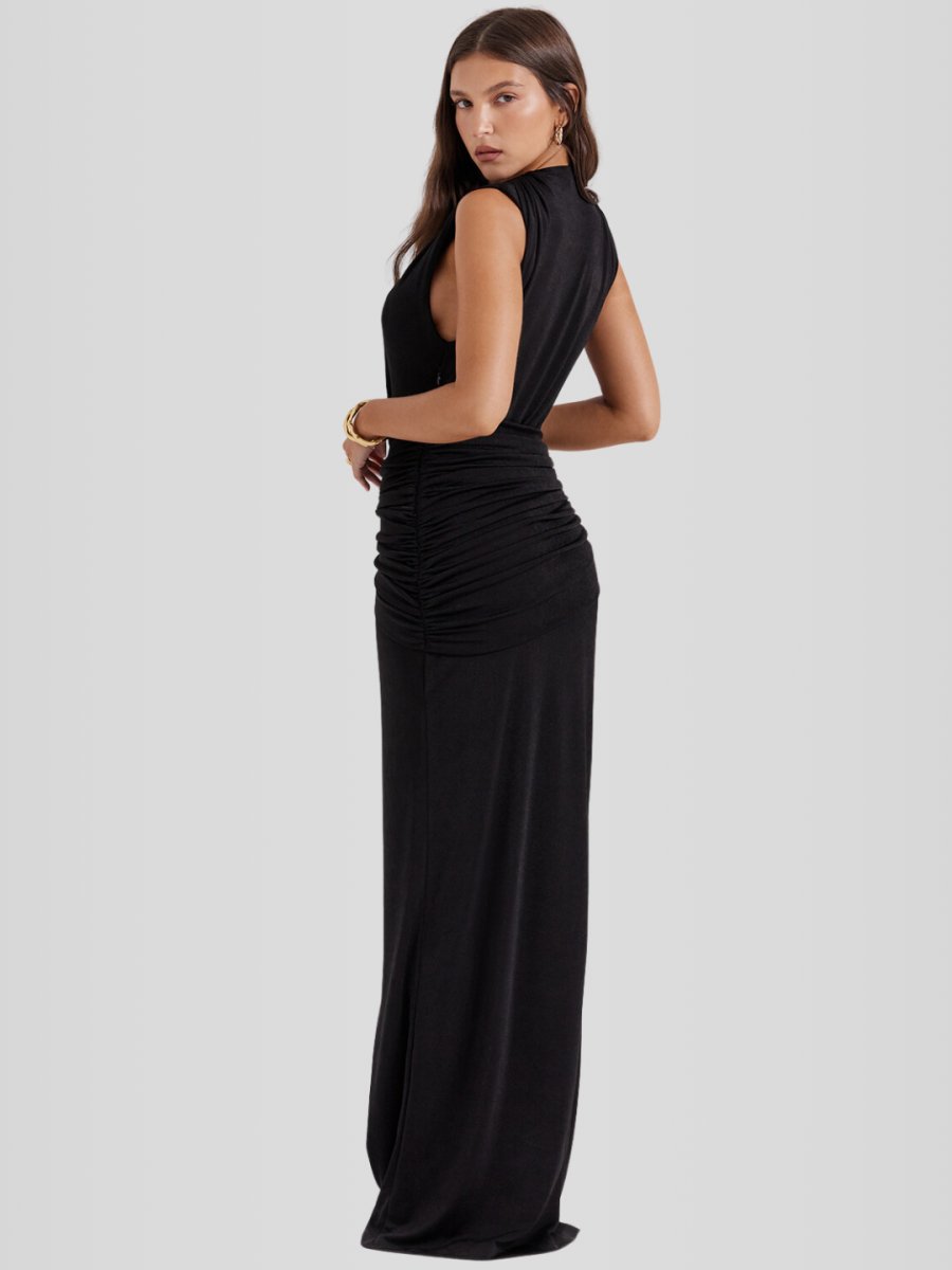 Yara Black Long Dress - Deep V-Neck