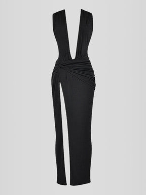 Yara Black Long Dress - Deep V-Neck