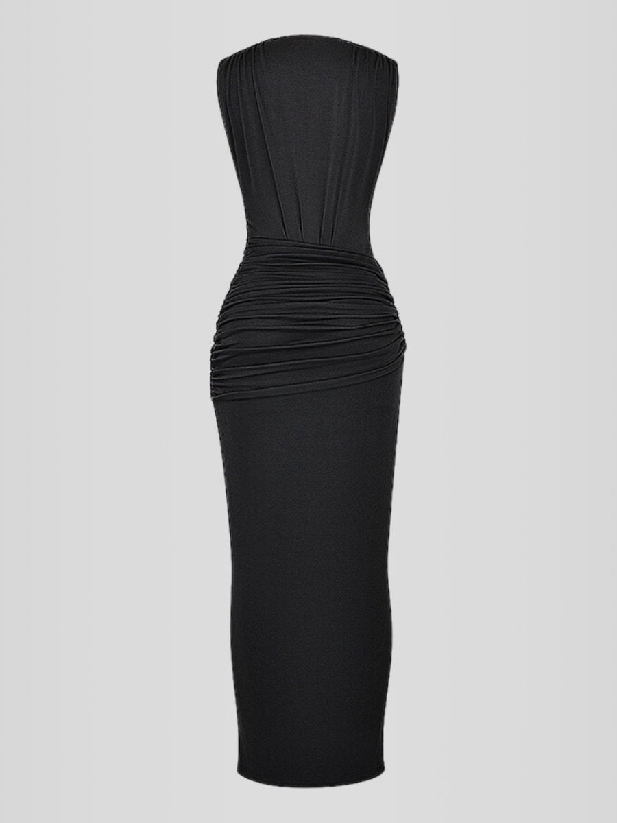 Yara Black Long Dress - Deep V-Neck