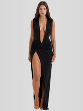 Yara Black Long Dress - Deep V-Neck