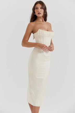 Elegant White Midi Dress with Pearls – Arizona Model