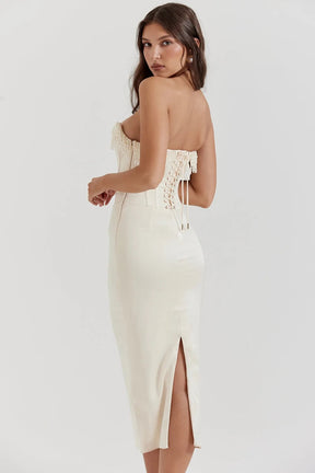 Elegant White Midi Dress with Pearls – Arizona Model